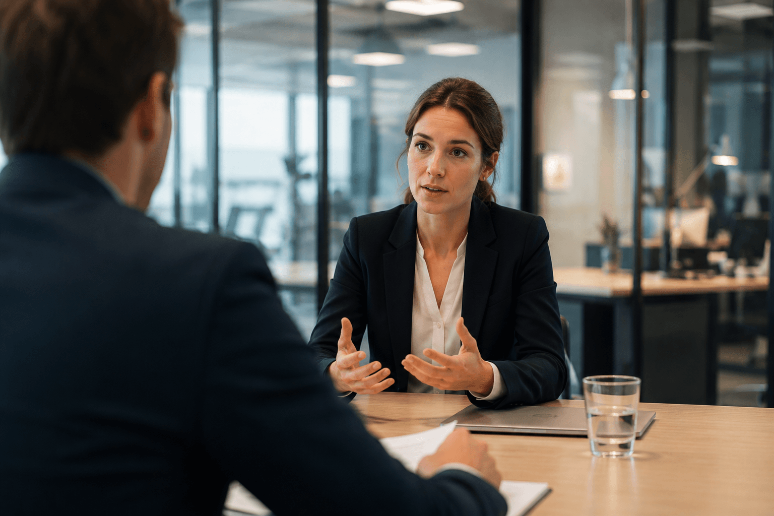 Une manager en entretien avec un collaborateur dans une salle de réunion vitrée